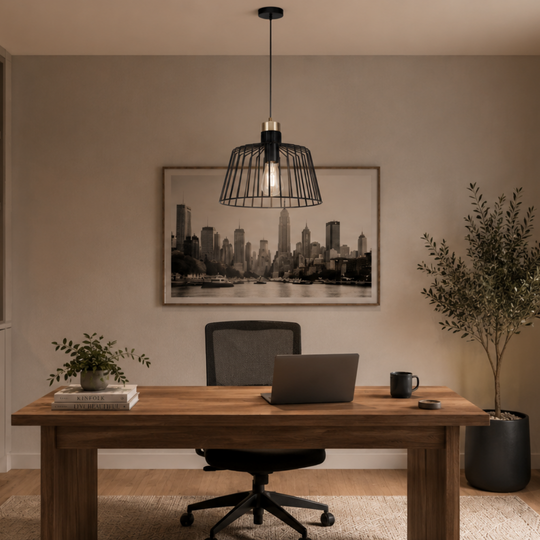 A modern home office interior featuring a wooden desk, black office chair, black pendant light, shelving, and a large window with sheer curtains.