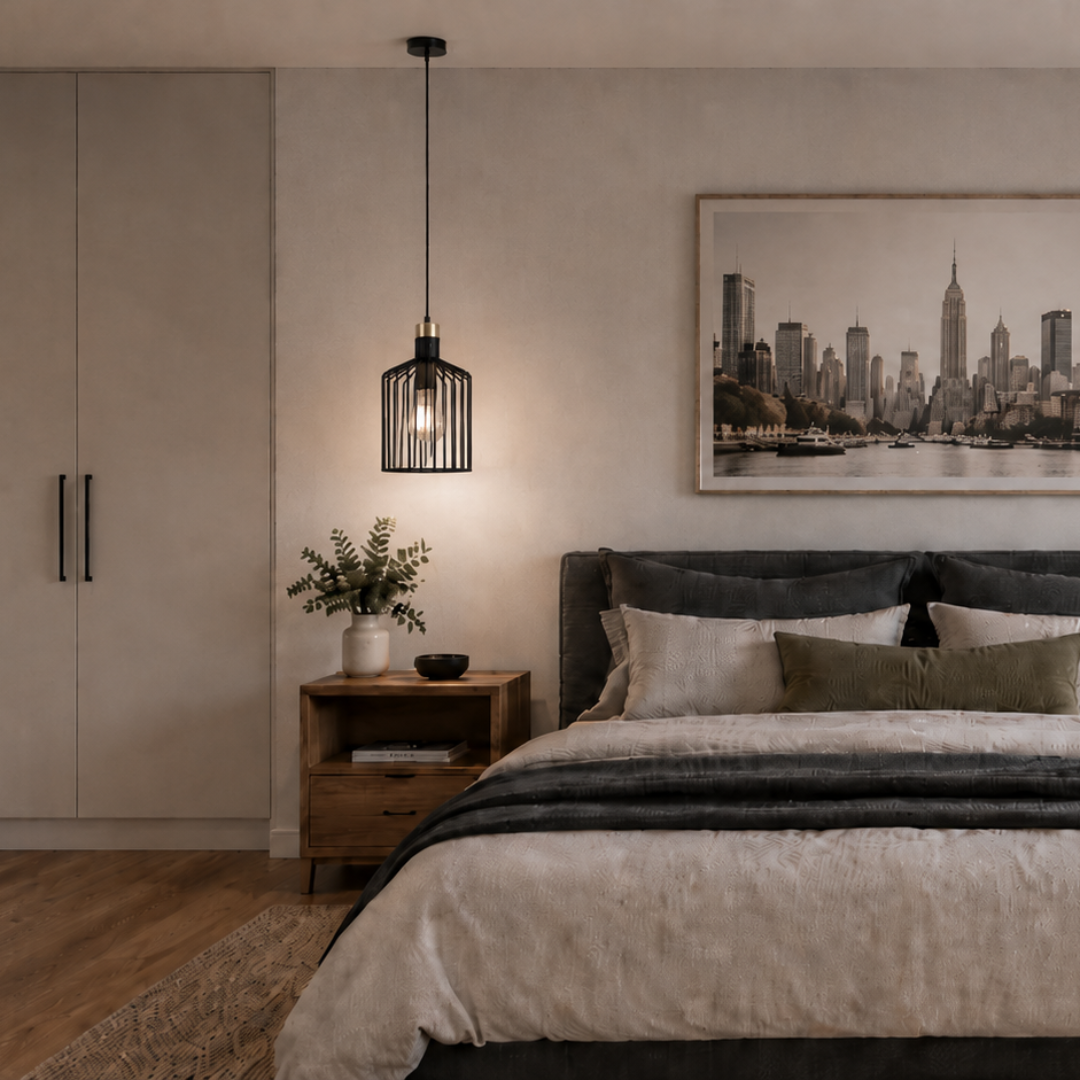 A modern bedroom interior featuring a neatly made bed with neutral-toned bedding, two wooden nightstands, hanging pendant lights, and a framed cityscape print on the wall above the headboard.