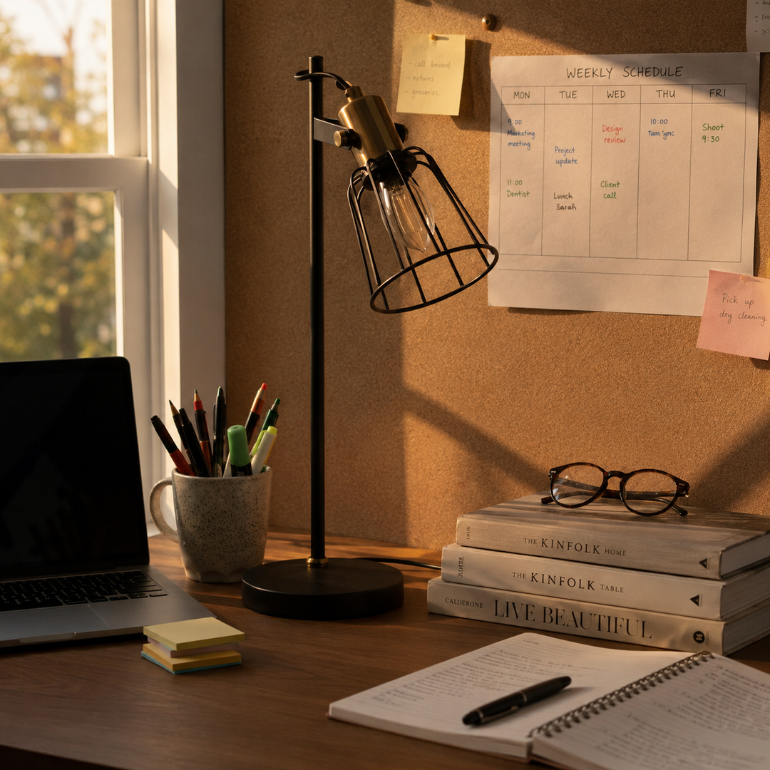 A black metal wire-frame desk lamp with a brass neck and clear glass bulb, standing on a wooden desk next to a laptop, pencil cup, sticky notes, books, and an open notebook in a warm, sunlit home office setting.