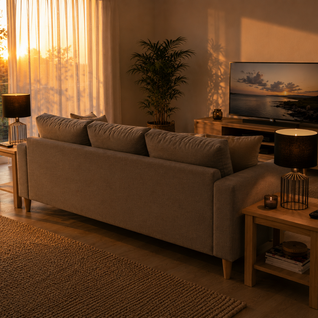 A beige fabric sofa in a warm, sunlit living room with wooden side tables, black table lamps, a woven rug, and a TV in the background.