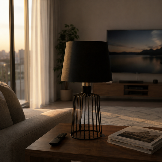 A black table lamp with a cylindrical fabric shade and a wire cage base sits on a wooden coffee table in a modern living room setting.