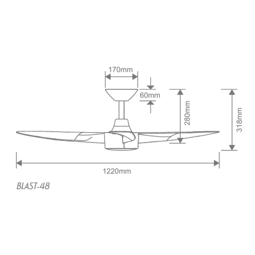 Domus BLAST-48 - 3 Blade 48" 1220mm DC Ceiling Fan Only - Optional Light Kit Sold Separately