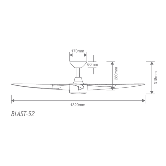 Domus BLAST-52 - 4 Blade 52" 1320mm DC Ceiling Fan Only - Optional Light Kit Sold Separately