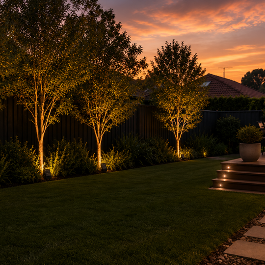 Outdoor landscape lighting at dusk showing four illuminated trees, a manicured lawn, a stone path, and steps leading to a patio under a warm sunset sky.