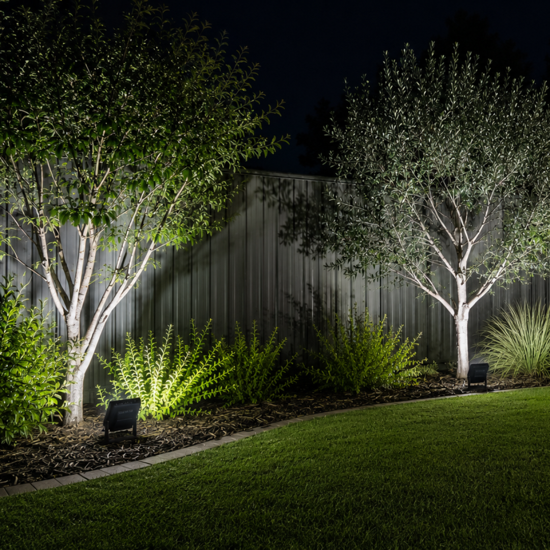 Lush garden with illuminated trees at night