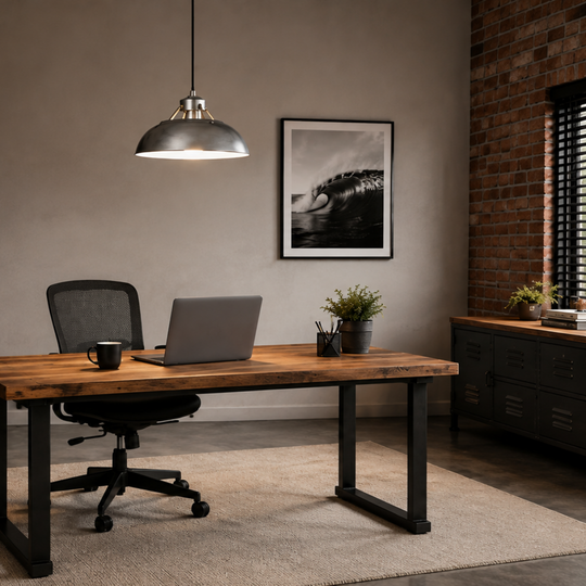 A modern industrial desk with a rustic wood top and black metal legs, styled in a home office setting with a black office chair, laptop, shelving, and brick wall.