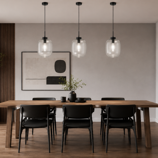 A modern dining room scene featuring a rectangular wooden dining table with six black chairs, three clear glass pendant light globes hanging above, a framed abstract print on the wall, and a dark wood slat accent panel next to a large potted plant.