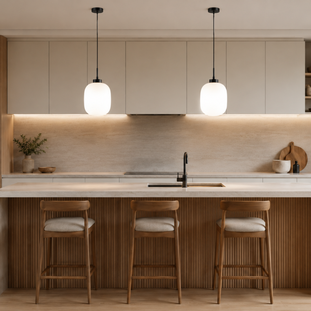 A modern kitchen interior with light wood cabinetry, a central island, three wooden bar stools with light cushions, pendant lights, and a large potted plant near a window.