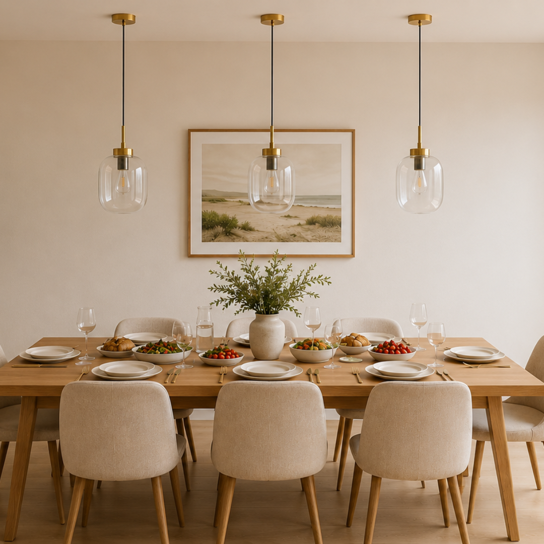 Dining room with a wooden table set for a meal, beige chairs, and decorative elements.