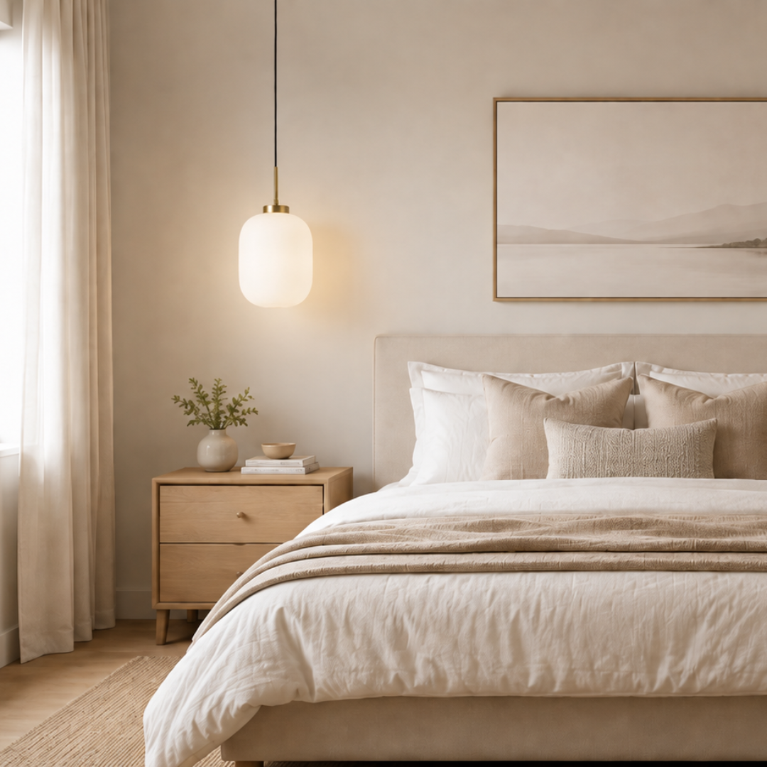 A beautifully styled bedroom featuring a neatly made bed with cream bedding, wooden nightstands, two glowing pendant lights, and a minimalist framed print on the wall.