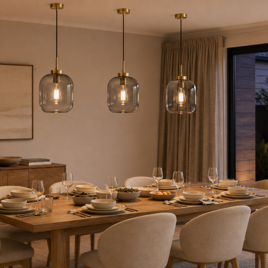 Three modern pendant lights with clear glass dome shades and brushed brass hardware hang over a wooden dining table set for six in a warm, contemporary dining room.