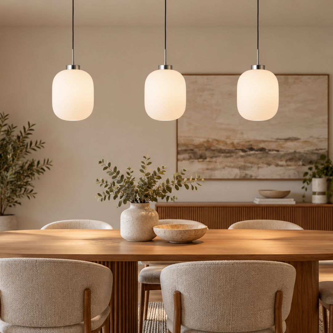A modern dining room featuring a round light-wood dining table surrounded by six upholstered chairs, three matching pendant lights, a sideboard with a large abstract painting, and a large window looking out onto greenery.
