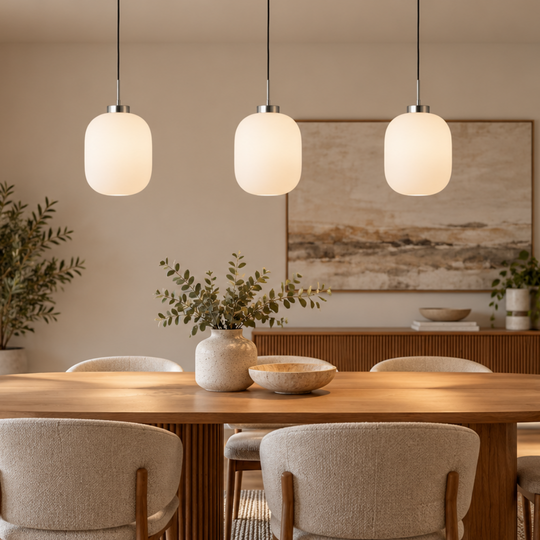 A modern dining room featuring a round light-wood dining table surrounded by six upholstered chairs, three matching pendant lights, a sideboard with a large abstract painting, and a large window looking out onto greenery.