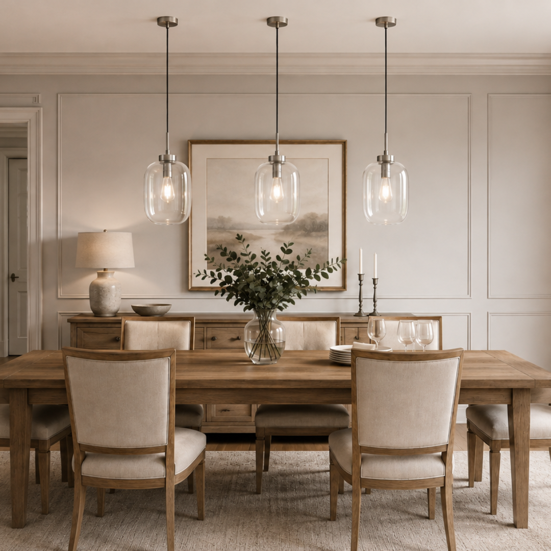 A staged dining room interior featuring a rectangular wooden dining table surrounded by six upholstered chairs, with three clear glass pendant lights hanging above. The room has cream paneled walls, hardwood floors, a light rug, and a large window with beige curtains on the right.