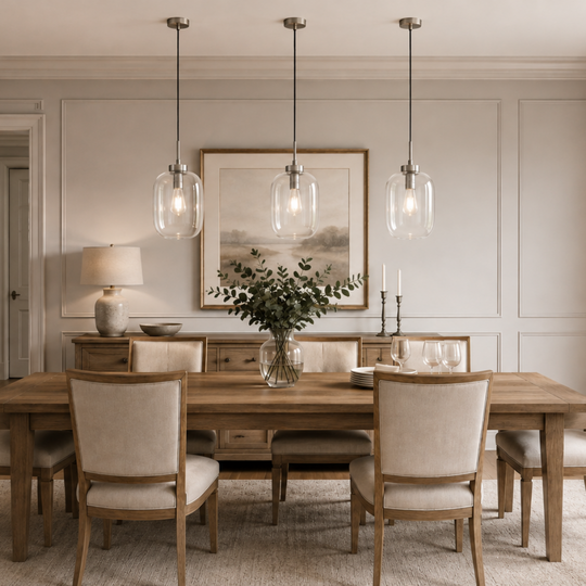 A staged dining room interior featuring a rectangular wooden dining table surrounded by six upholstered chairs, with three clear glass pendant lights hanging above. The room has cream paneled walls, hardwood floors, a light rug, and a large window with beige curtains on the right.