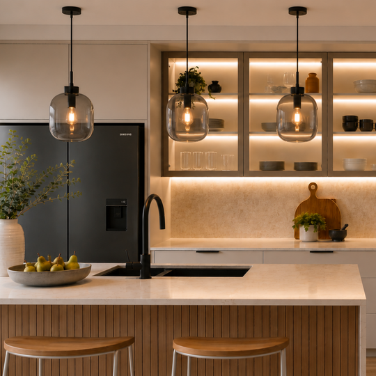 A modern kitchen interior with a large wood-and-white island, glass-front upper cabinets with warm lighting, pendant lights, a black refrigerator, and a gas stove on the right.