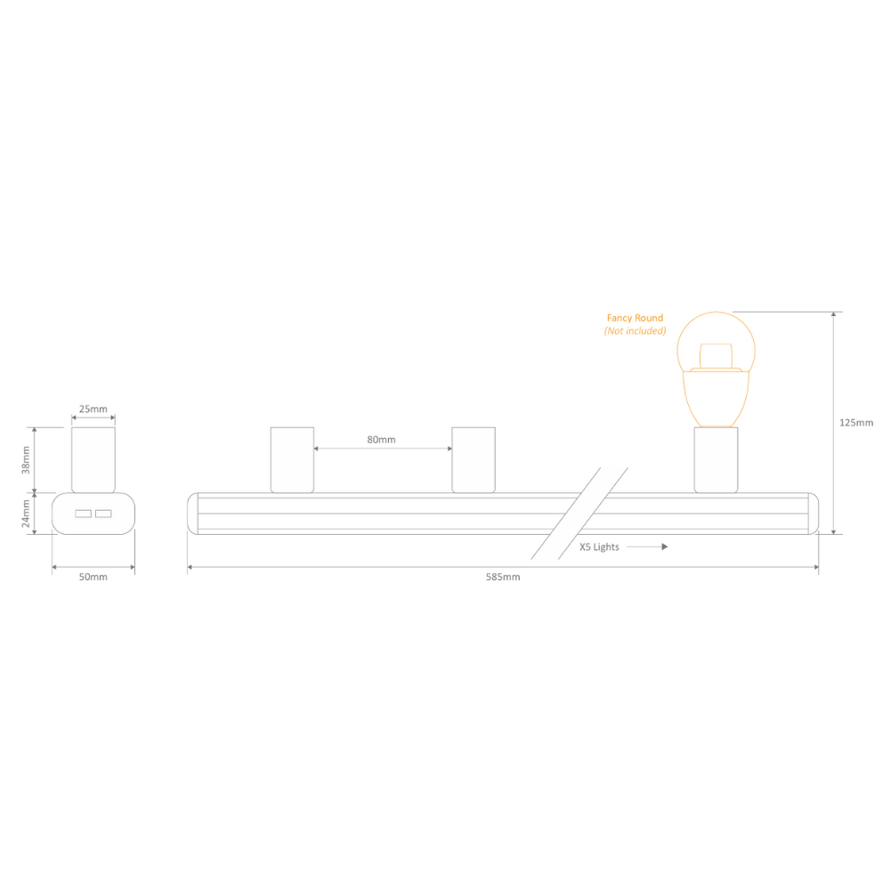 Domus HL-804-5 - 240V 5 Bulb Hollywood Vanity Light - 55cm