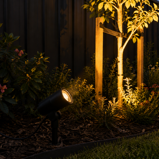 Outdoor landscape lighting in a garden bed at dusk, with warm yellow spotlights illuminating young trees, greenery, a dark wooden fence, and a grassy lawn. A black ground-mounted spotlight is visible in the foreground.