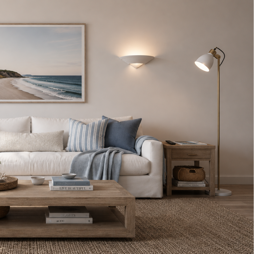 A coastal beach landscape print in a light wood frame hangs on a beige wall above a white sofa styled with blue and striped pillows in a bright, modern living room.