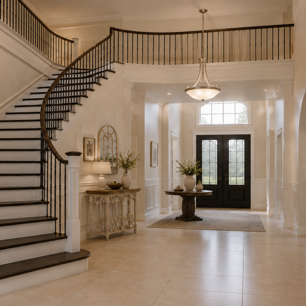 A grand interior staircase with white steps and black metal railings in a bright, elegant foyer with beige tile floors and arched entryways.