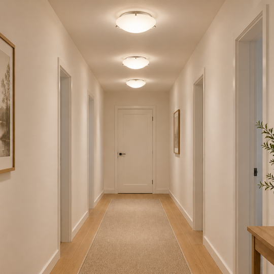 Well-lit hallway with a plant on a table and framed picture on the wall.
