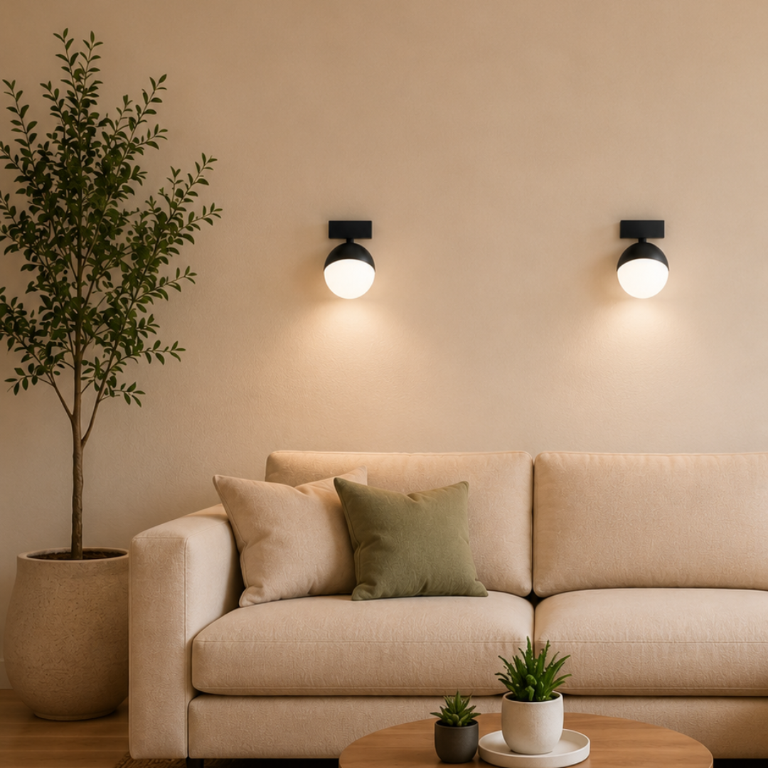 A modern beige fabric sofa in a minimalist living room setting, styled with two accent pillows, a round wooden coffee table, a woven jute rug, and a potted plant against a warm beige wall with two black wall sconces.
