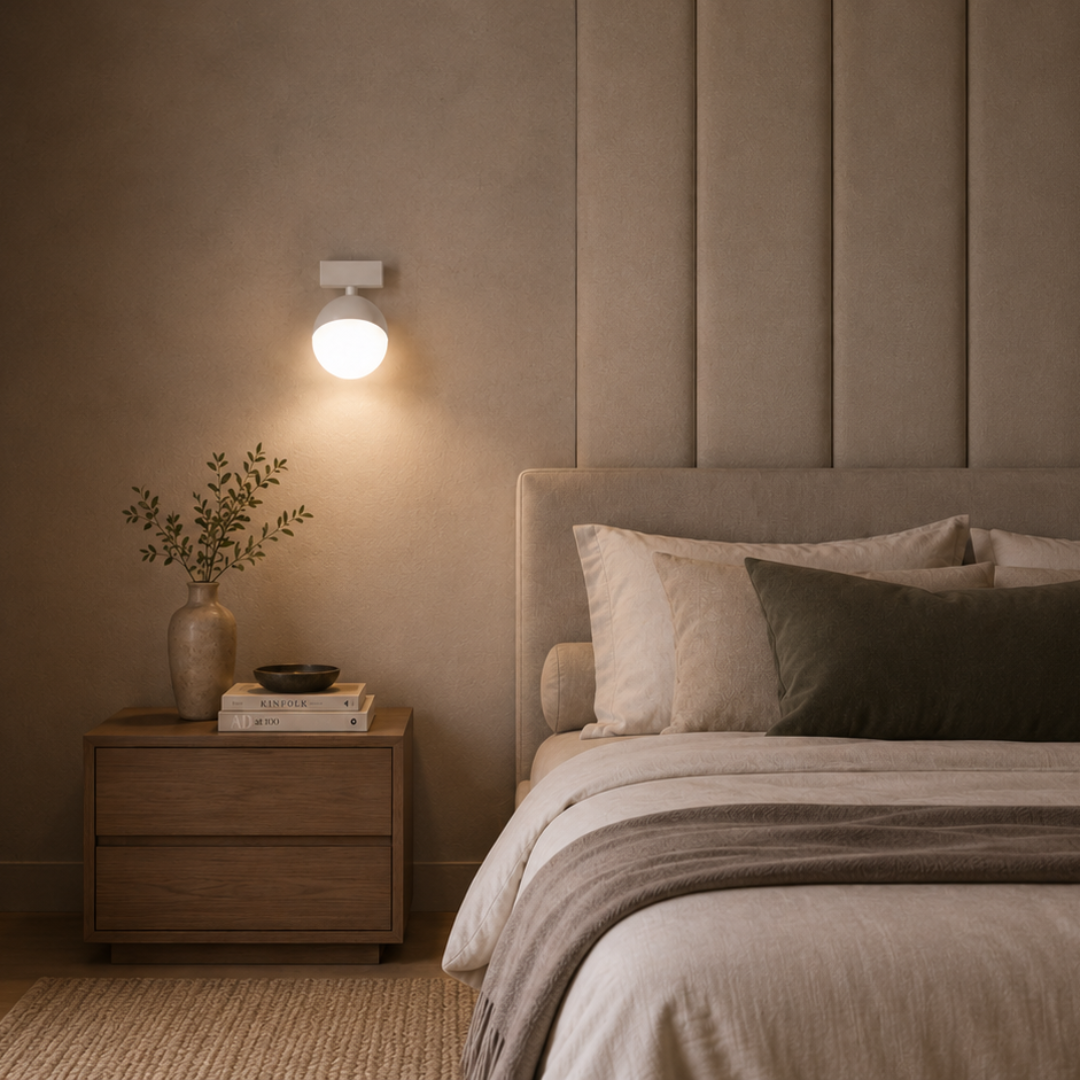 A modern bedroom scene featuring a neatly made bed with beige and dark olive bedding, a matching upholstered headboard, a wooden nightstand with a vase of branches, and a wall-mounted bulb glowing on a beige paneled wall.