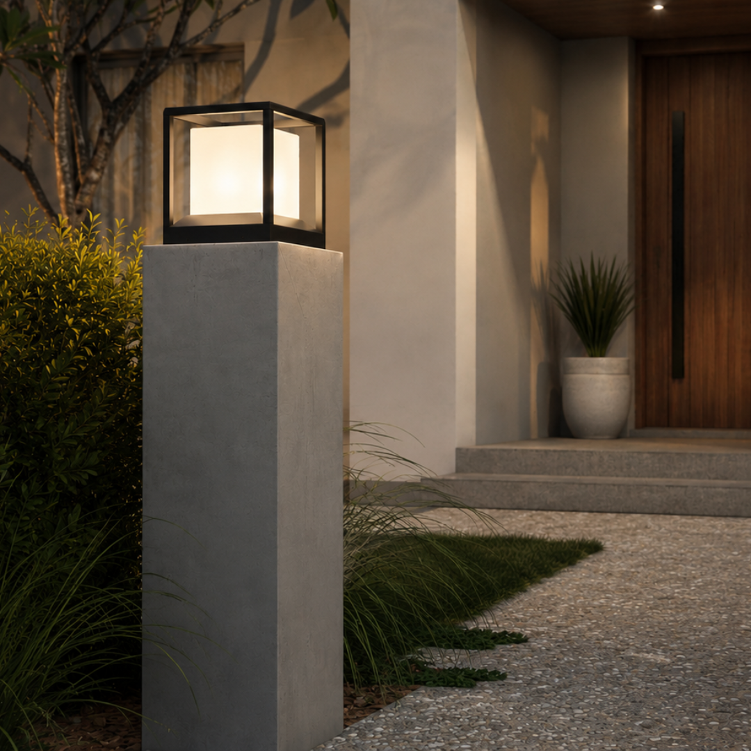 Modern outdoor pillar light with a square glowing lantern on a concrete post, set beside a gravel driveway and black metal gate in front of a house entrance.