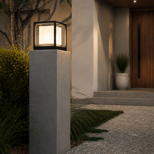 Modern outdoor pillar light with a square glowing lantern on a concrete post, set beside a gravel driveway and black metal gate in front of a house entrance.
