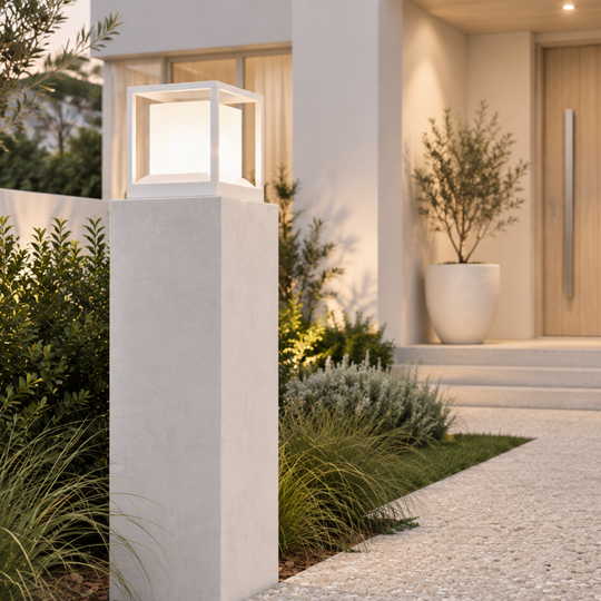 Modern outdoor architectural lighting featuring a square white pillar box lamp mounted on a white concrete post, set in a landscaped garden pathway leading to a house entrance.