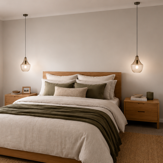 A styled bedroom interior featuring a neatly made bed with cream bedding, olive green pillows and throw, a light wood bed frame, matching wood nightstands, two hanging pendant lights, a window with white shutters, and a woven rug on a carpeted floor.