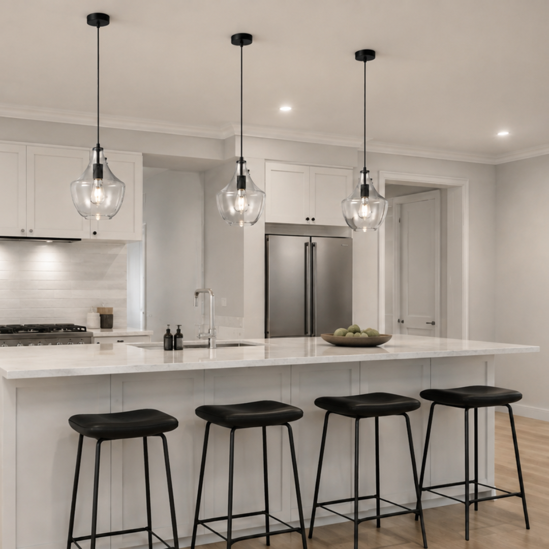 A modern kitchen island with a white countertop and backsplash, four black bar stools, and three hanging pendant lights in a bright, contemporary kitchen.