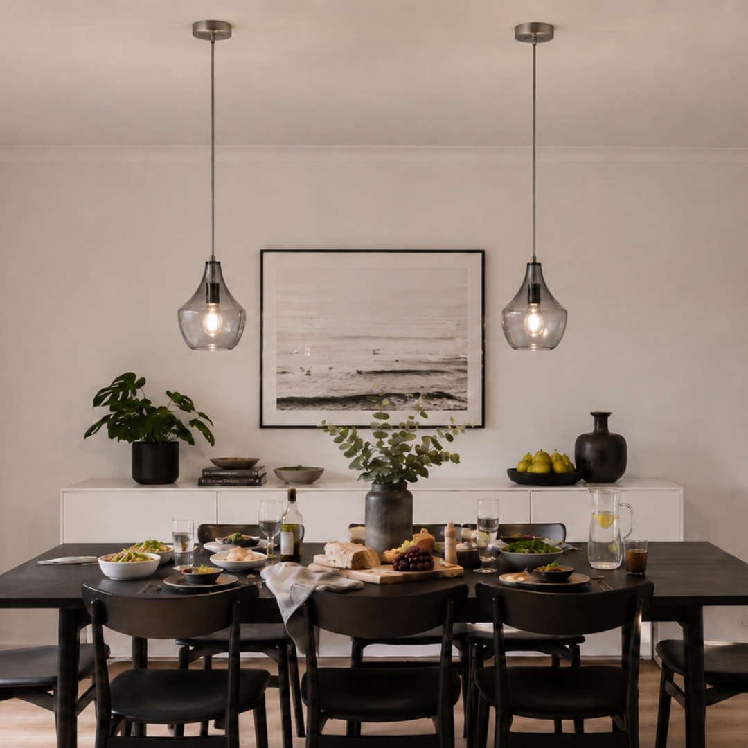 A modern dining room featuring a dark wood dining table and six black chairs, styled with a table setting. Above, two industrial-style pendant lights with clear glass globes hang over the table.