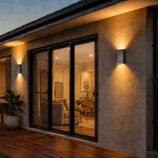 Modern outdoor wall sconces mounted on a stucco house exterior, casting warm light onto a wooden deck and patio area at dusk.