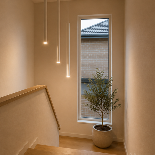 A modern interior staircase landing with warm beige walls, a light wood handrail, three slim hanging pendant lights, and a potted tree placed by a tall narrow window.