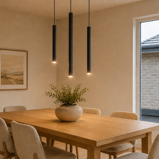 A modern dining room scene with a light wood rectangular table, six upholstered chairs, three black cylindrical pendant lights, a framed landscape print on the wall, and a potted tree near a staircase. A large window on the right shows an outdoor brick wall.