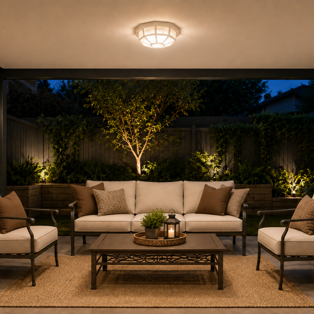 A beautifully styled outdoor patio at night with a beige sectional sofa, two matching armchairs, a dark wood coffee table, and a natural fiber area rug. The scene is illuminated by warm lighting from ceiling fixtures and garden lights, with potted plants and a dark wooden fence in the background.