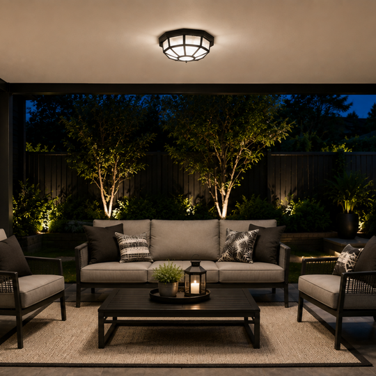 A modern outdoor patio seating area at dusk, featuring a gray sectional sofa, two matching armchairs, a black coffee table, a beige area rug, and warm landscape lighting against a dark fence and trees.