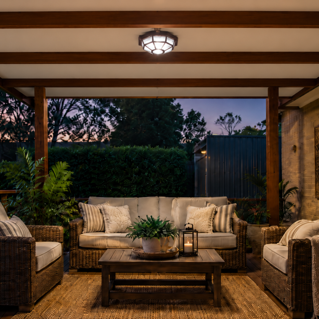 A warm outdoor patio seating area under a covered porch at dusk, featuring a wicker sofa, two matching armchairs, a wooden coffee table, and a ceiling light fixture illuminating the space.