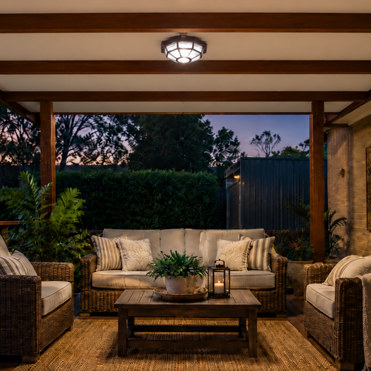 A warm outdoor patio seating area under a covered porch at dusk, featuring a wicker sofa, two matching armchairs, a wooden coffee table, and a ceiling light fixture illuminating the space.