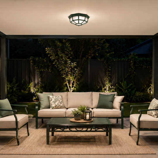 A staged outdoor patio seating area at night with a beige sofa, two matching armchairs, a dark rectangular coffee table, a woven rug, and potted plants. The scene is lit by warm overhead and ground-level lighting, with a ceiling light fixture visible above.