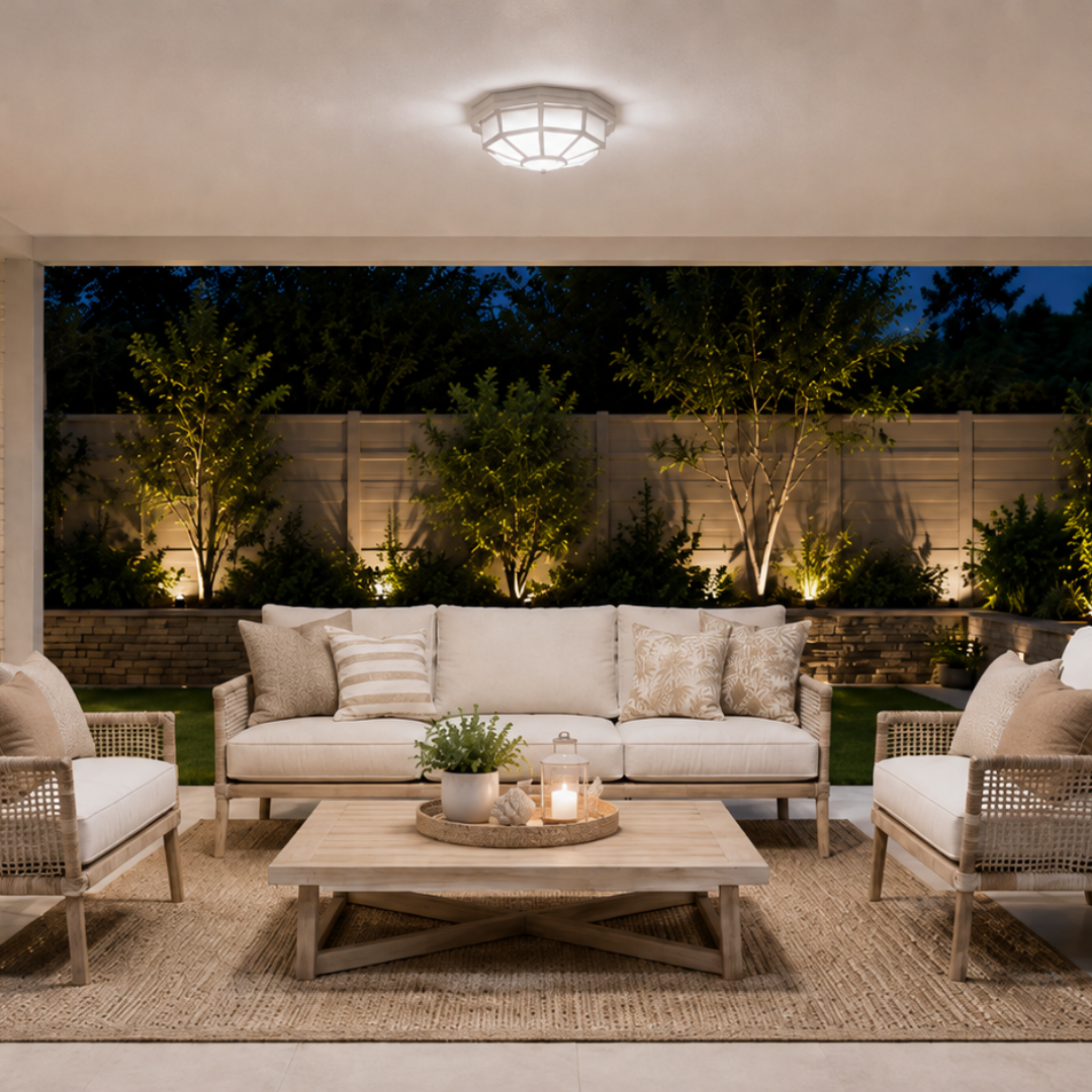 A modern outdoor patio furniture set featuring a light beige sofa, two matching armchairs, and a wooden coffee table on a jute rug, set against a backdrop of illuminated garden plants at dusk.