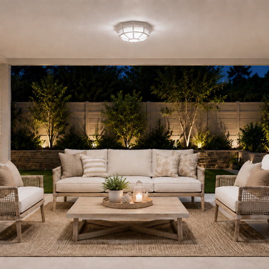 A modern outdoor patio furniture set featuring a light beige sofa, two matching armchairs, and a wooden coffee table on a jute rug, set against a backdrop of illuminated garden plants at dusk.