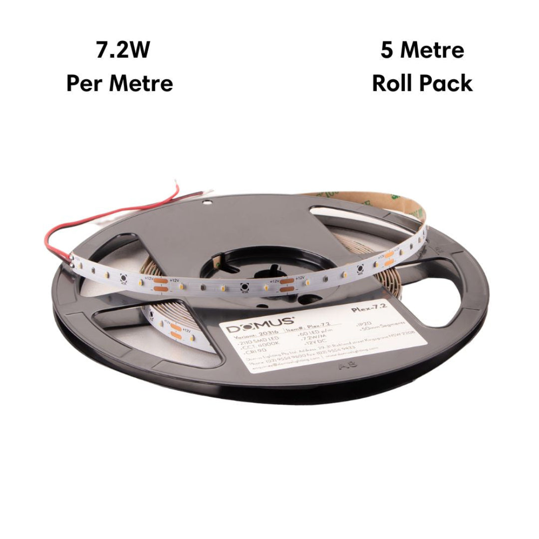 Domus PLEX-7.2-5M - 7.2W LED 60LED P/M Striplight IP20 12V 5M Roll Pack - DRIVER REQUIRED-Domus Lighting